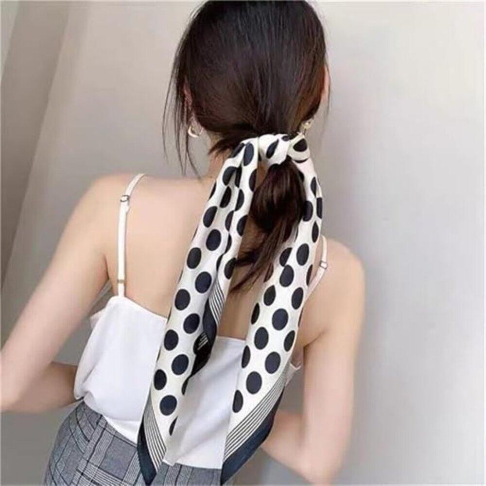 Black and White Silk Feeling Polka Dot Square Scarf 27.5” Satin Retro